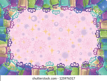 Holiday background, pattern with flowers and stars and frame of gift boxes. Vector