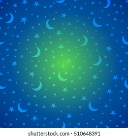 Holiday background, pattern with stars and the moon. Vector illustration.