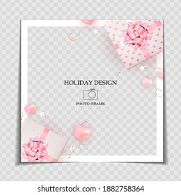 Holiday Background Photo Frame Template. Valentine`s Day Love Concept for post in Social Network. Vector Illustration