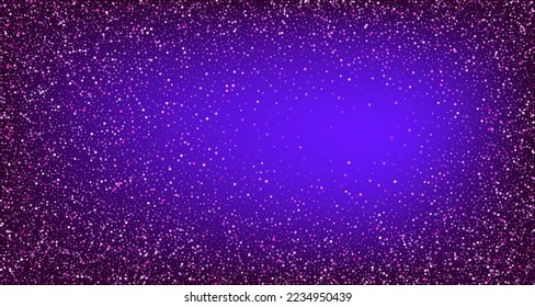 Holiday background with pink purple square flying confetti over violet black backdrop. Vector holiday background.