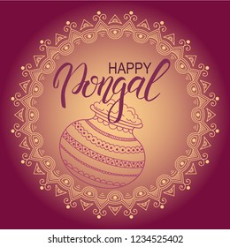 Holiday background with Pongal pot. India festival Pongal design template. Round ornament. Vector illustration.