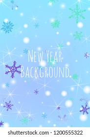 Holiday Background with Pretty Snowflakes and Shiny Lights. Festive Background for Christmas Decoration, Banner, Card. Vertical A4 Vector Background.