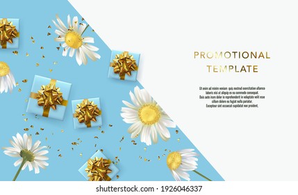 Holiday background promotional template. Women's day sale template. Decorative open gift box with gold bow top view. Floral pattern.