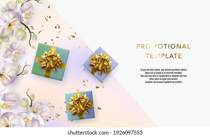 Holiday background promotional template. Women's day sale template. Decorative open gift box with gold bow top view. Floral pattern.