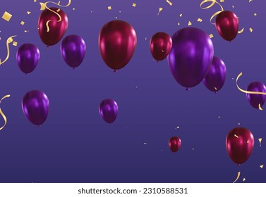 Holiday background with purple balloons and confetti. Vector illustration.
