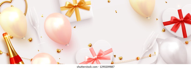 Holiday background with realistic heart-shaped gift box, balloons, champagne bottle in red color. Romantic pattern, for wedding, valentine's day. Horizontal header for web site. Vector illustration