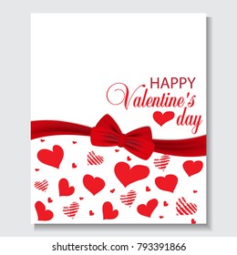 Holiday background with red bow, ribbon and hearts. Design for posters, banners or cards Valentines day. Vector illustration.