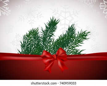 Holiday background with red bow, background with snowflakes and a branch of a Christmas tree. Vector Illustration.