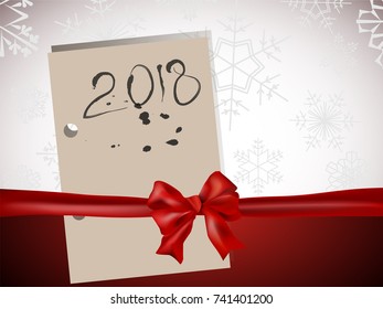 Holiday background with red bow, background with snowflakes and paper sheet with ink inscription. Vector Illustration.