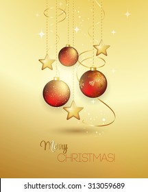 Holiday Background with red Christmas baubles. Vector illustration.