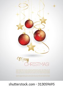 Holiday Background with red Christmas baubles. Vector illustration.