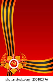 Holiday background in red with Georgievsky ribbon and star on Defender of the Fatherland day or Victory Day. February 23. May 9. Vector illustration