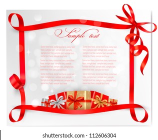 Holiday background with red gift bow with gift boxes. Vector