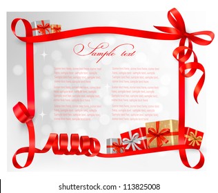 Fondo de vacaciones con arco de regalo rojo con cajas de regalo Vector