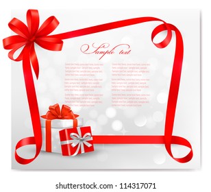 Holiday background with red gift bow with gift boxes. Vector illustration.