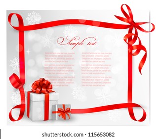  Holiday background with red gift bow with gift boxes. Vector illustration.