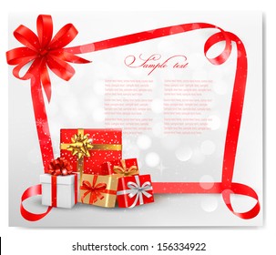 Holiday background with red gift bow and gift boxes. Vector. 