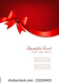 Holiday background with red gift glossy bow and ribbons. Vector.