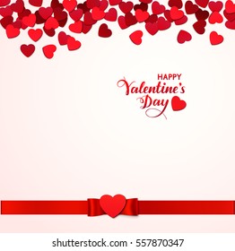Holiday background with red hearts and ribbon. Calligraphic Happy Valentine's Day text