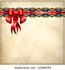 Holiday background with red ribbon on old paper,  EPS10
