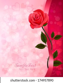 Holiday background with red rose and ribbon. Valentines Day. Vector 