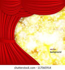 Holiday background with red satin and blurred lights.