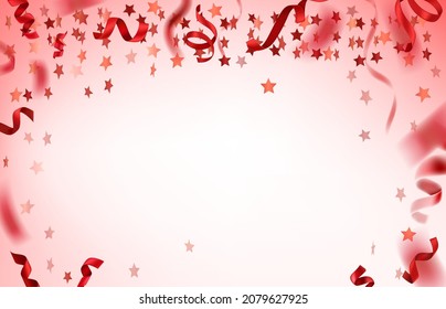 Holiday background with red silk ribbons and stars