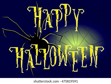 Holiday background retro lettering Happy Halloween and monster spider on dark gradient background. Vector illustration in cartoon style