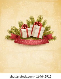 Holiday background with ribbon and red gift boxes. Vector.