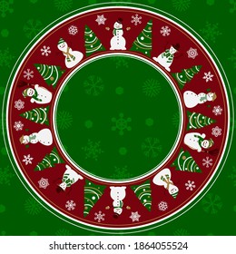 Fondo de vacaciones, marco redondo decorado con árboles de Navidad, alegres hombres de nieve y copos de nieve.