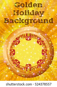 Holiday Background with Round Porthole Window on Golden Wall with Gift Color Boxes, Sparks, Confetti and Place for Text. Eps10, Contains Transparencies. Vector