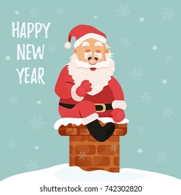 Holiday background with Santa going down to  chimney 