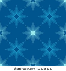 Holiday background, seamless pattern with blue stars - snowflakes. Vector flat illustration.