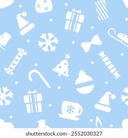 Holiday background, seamless pattern with Christmas ornament. Christmas pattern with baubles. Pattern, candy, snowflake, gift box, gift bag, candle. Vector illustration, gift wrap textile decorations