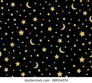 Holiday background, seamless pattern with gold stars and the moon. Vector illustration.