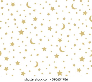 Holiday Background, Seamless Pattern With Gold Stars And The Moon. Vector Illustration.