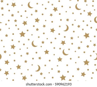 Holiday background, seamless pattern with gold stars and the moon. Vector illustration.