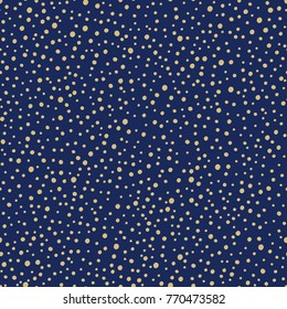 Holiday background, seamless pattern with gold dots on blue background. Vector illustration.