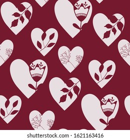 Holiday background, seamless pattern with red hearts. Valentine herbs backdrop.