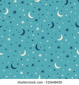 Holiday background, seamless pattern with stars and the moon. Vector illustration.