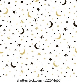 Holiday background, seamless pattern with stars and the moon, star pattern, moon and stars decorations. Vector illustration.