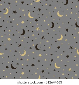 Holiday background, seamless pattern with stars and the moon, star pattern, moon and stars decorations. Vector illustration.