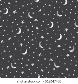Fondo de vacaciones, diseño sin fisuras con las estrellas y la luna, estampado estrella, decoración de luna y estrellas. Ilustración vectorial.