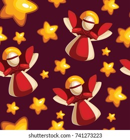 Holiday background seamless pattern with stars and angels. Vector illustration.