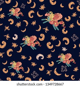 Holiday background, seamless pattern with unicorn, stars and moon. 
Sky at the night.
