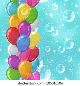 Holiday background seamless with various color balloons and white bubbles in the blue sky. Vector eps10, contains transparencies