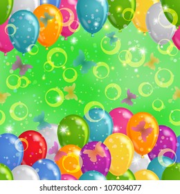 Holiday background seamless with various color balloons on green. Vector eps10, contains transparencies