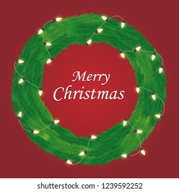 Holiday Background with Season Wishes and Border of Realistic Looking Christmas Tree Branches Decorated Wreath