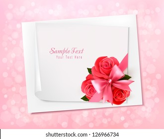 Holiday background with sheet of paper and pink roses. Valentines background. Vector