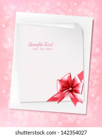 Holiday background with sheet of paper and pink bow. Vector illustration.